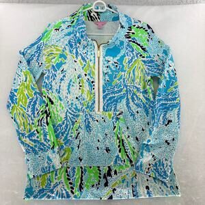 Lilly Pulitzer Half Zip Pullover Top Size M Blue Green Coral Reef Print